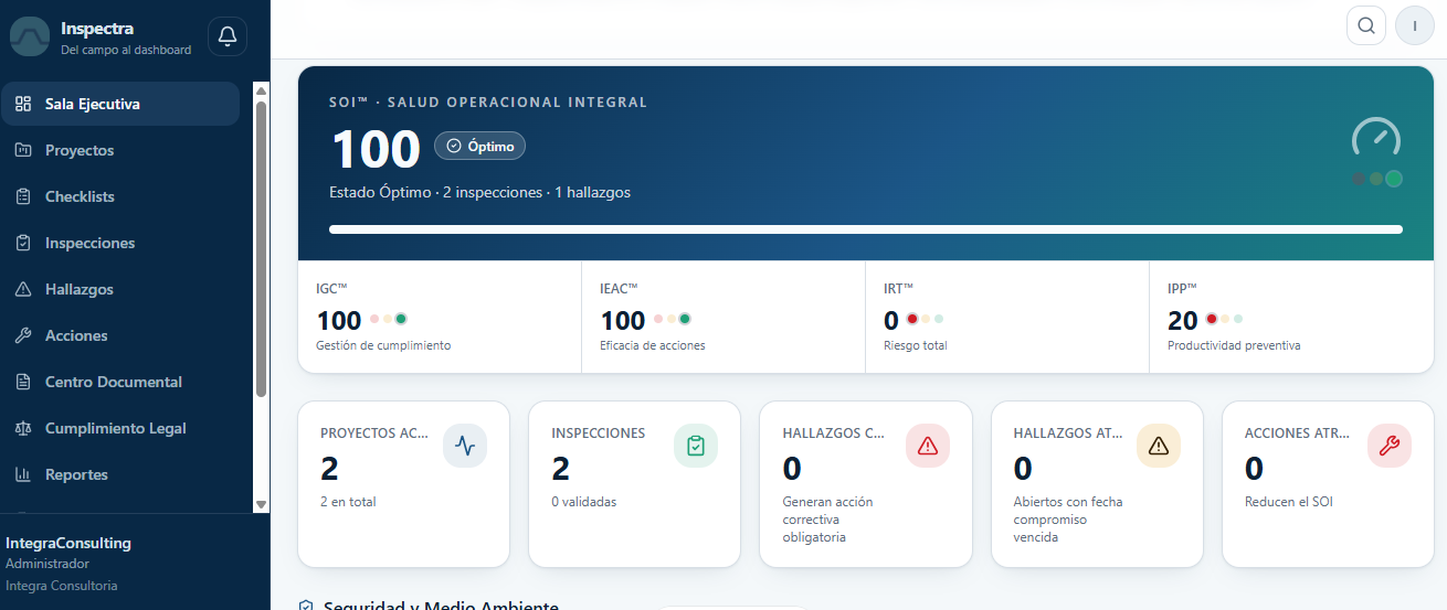 Interfaz de Inspectra Smart Solutions: dashboard con matriz IPERC, KPIs HSE y checklist digital